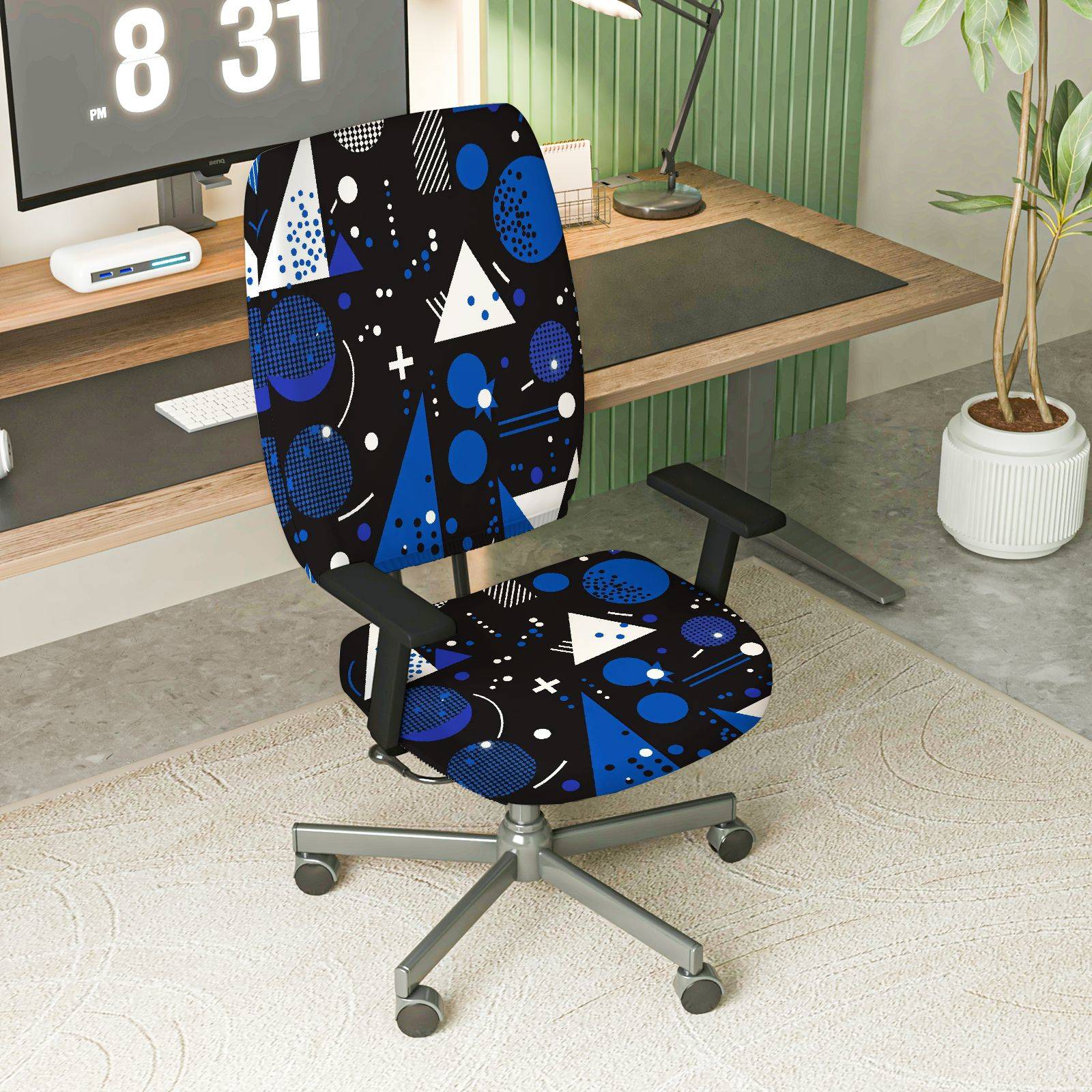 2-Piece Geometric Blue Black White Modern Minimalist Abstract  Computer Chair Cover Set, Seat and Backrest