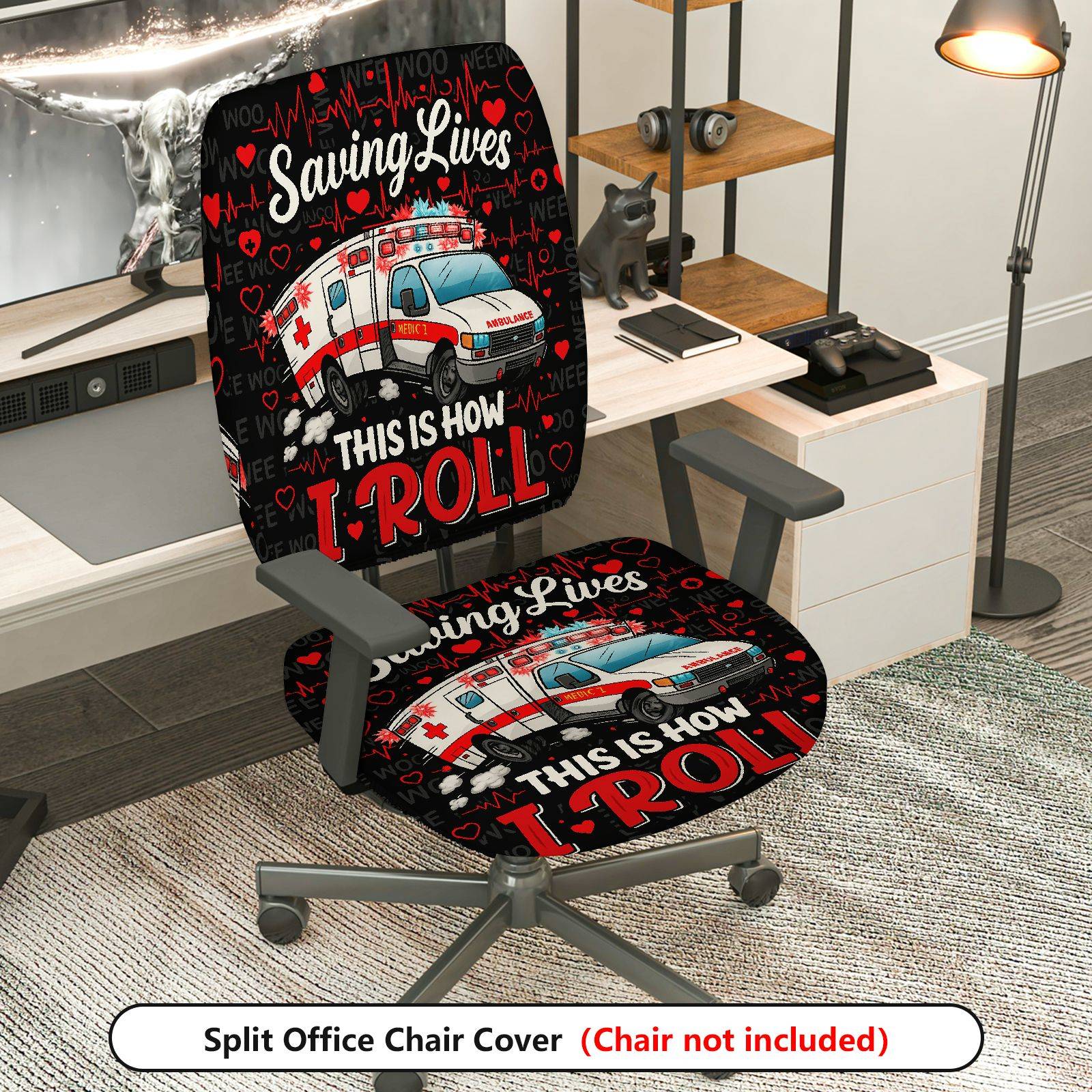 2-Piece Ambulance Heartbeat Saving Lives Medical Emergency  Computer Chair Cover Set, Seat and Backrest