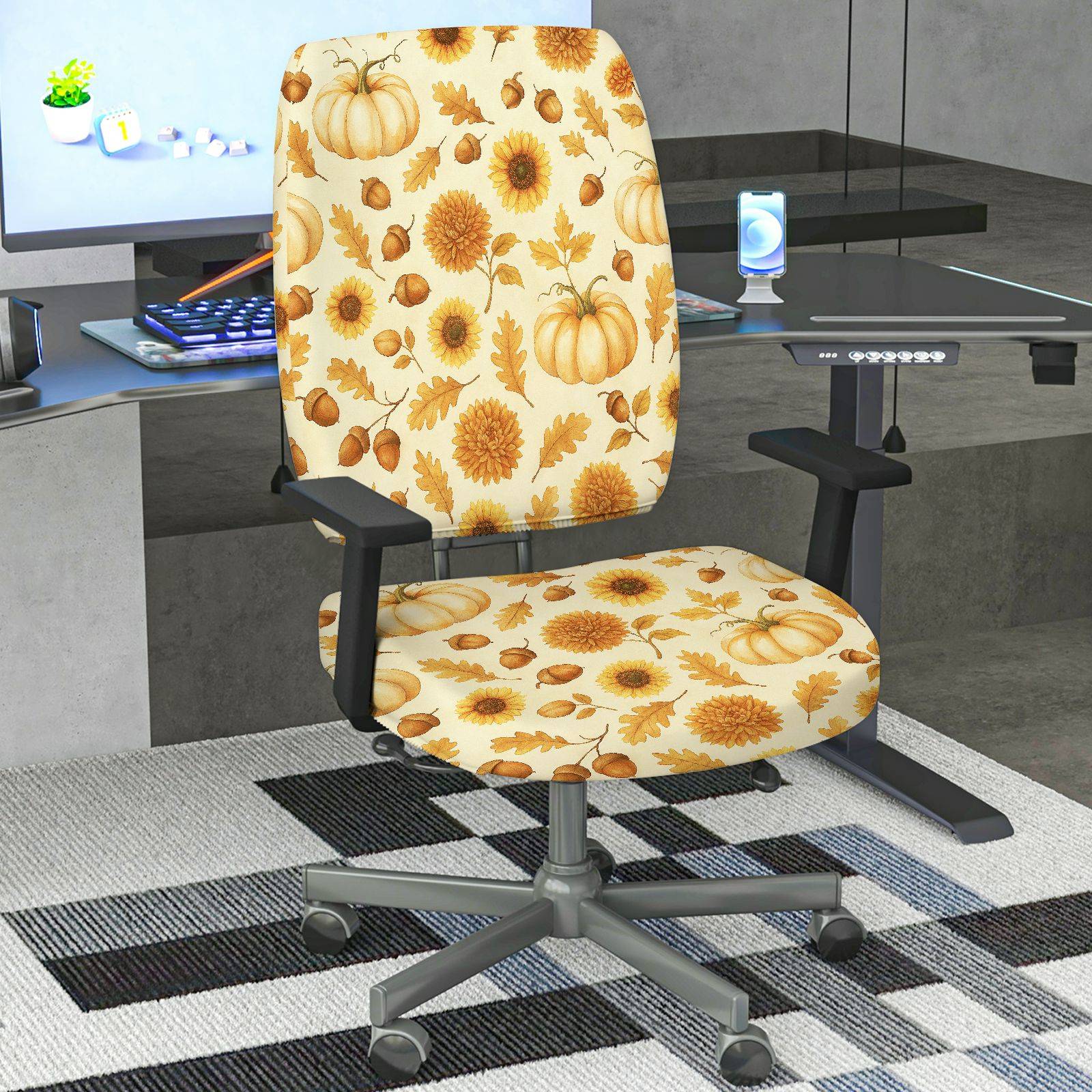 2-Piece Autumn Pumpkin Sunflower Maple Leaf Acorn  Computer Chair Cover Set, Seat and Backrest