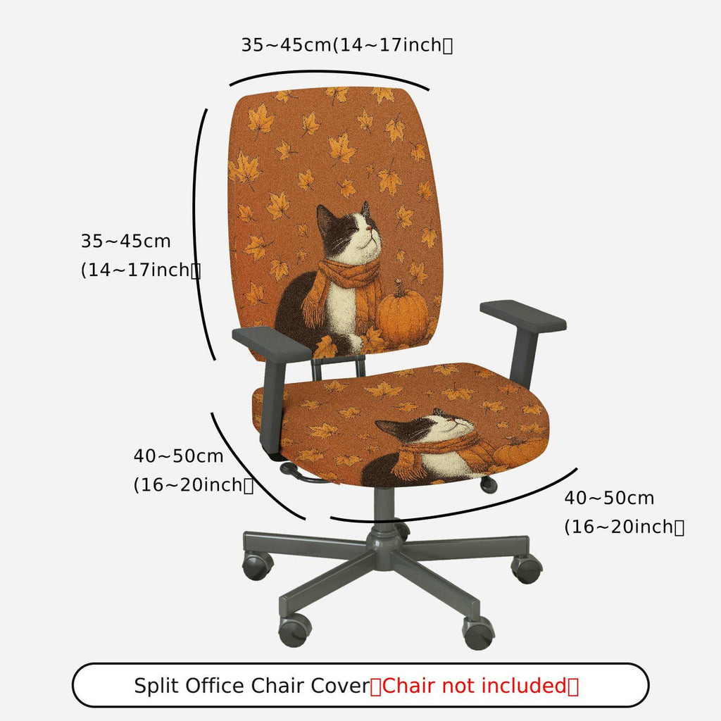 2-Piece Autumn Leaves Pumpkin Cat Scarf Fall  Computer Chair Cover Set, Seat and Backrest