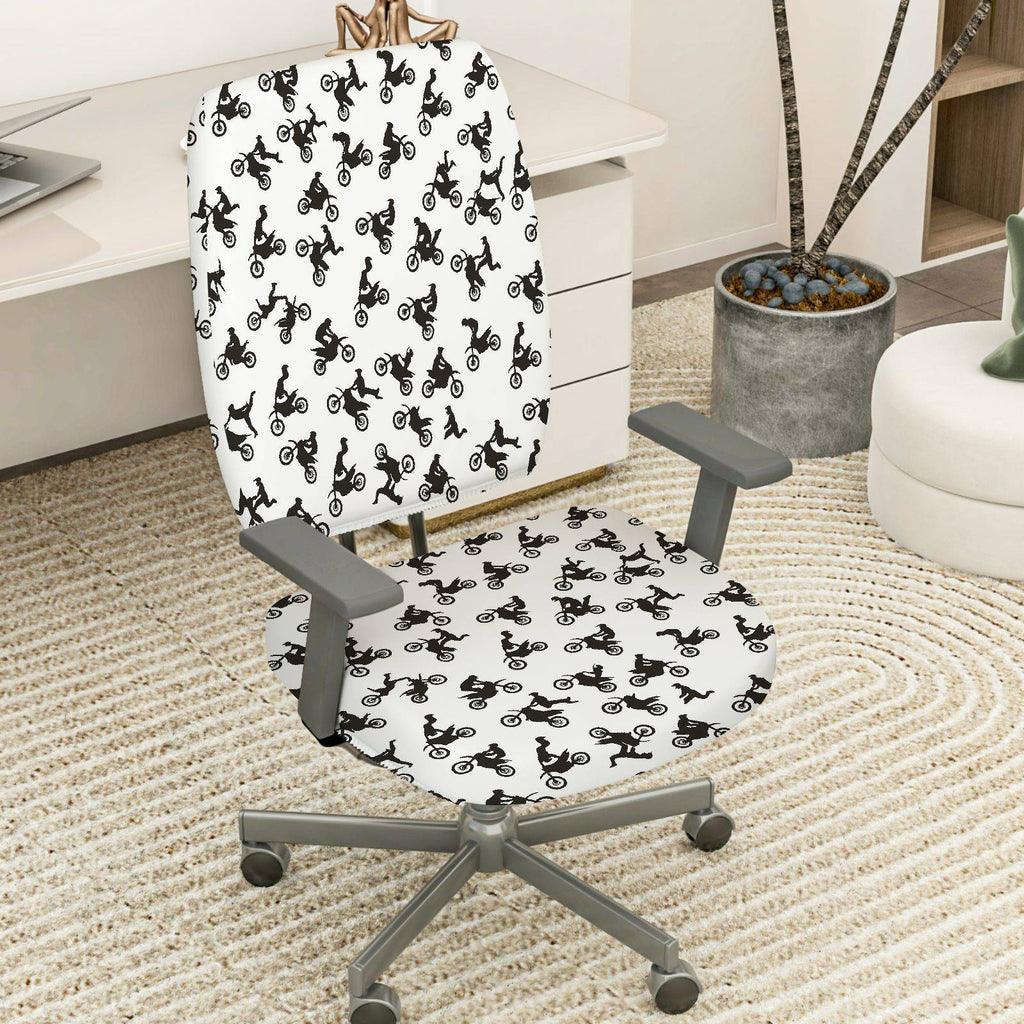 2-Piece Motorcycle Stunt Black White Pattern  Computer Chair Cover Set, Seat and Backrest
