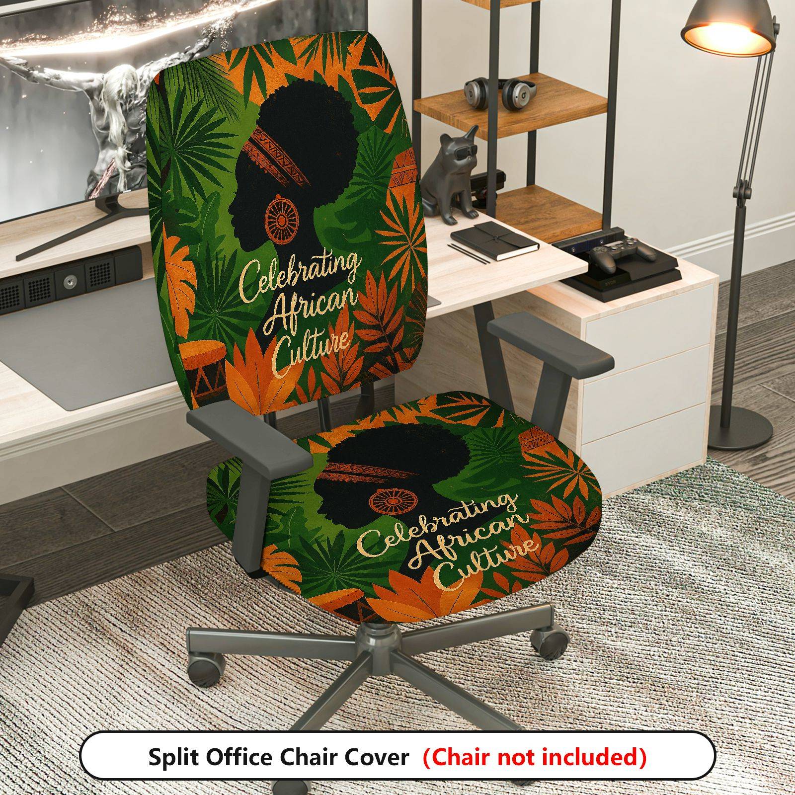 2-Piece African Culture Tribal Pattern Green Orange  Computer Chair Cover Set, Seat and Backrest