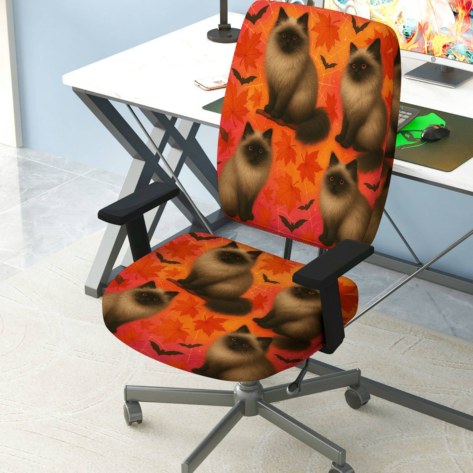 2-Piece Autumn Cat Halloween Bat Leaf  Computer Chair Cover Set, Seat and Backrest