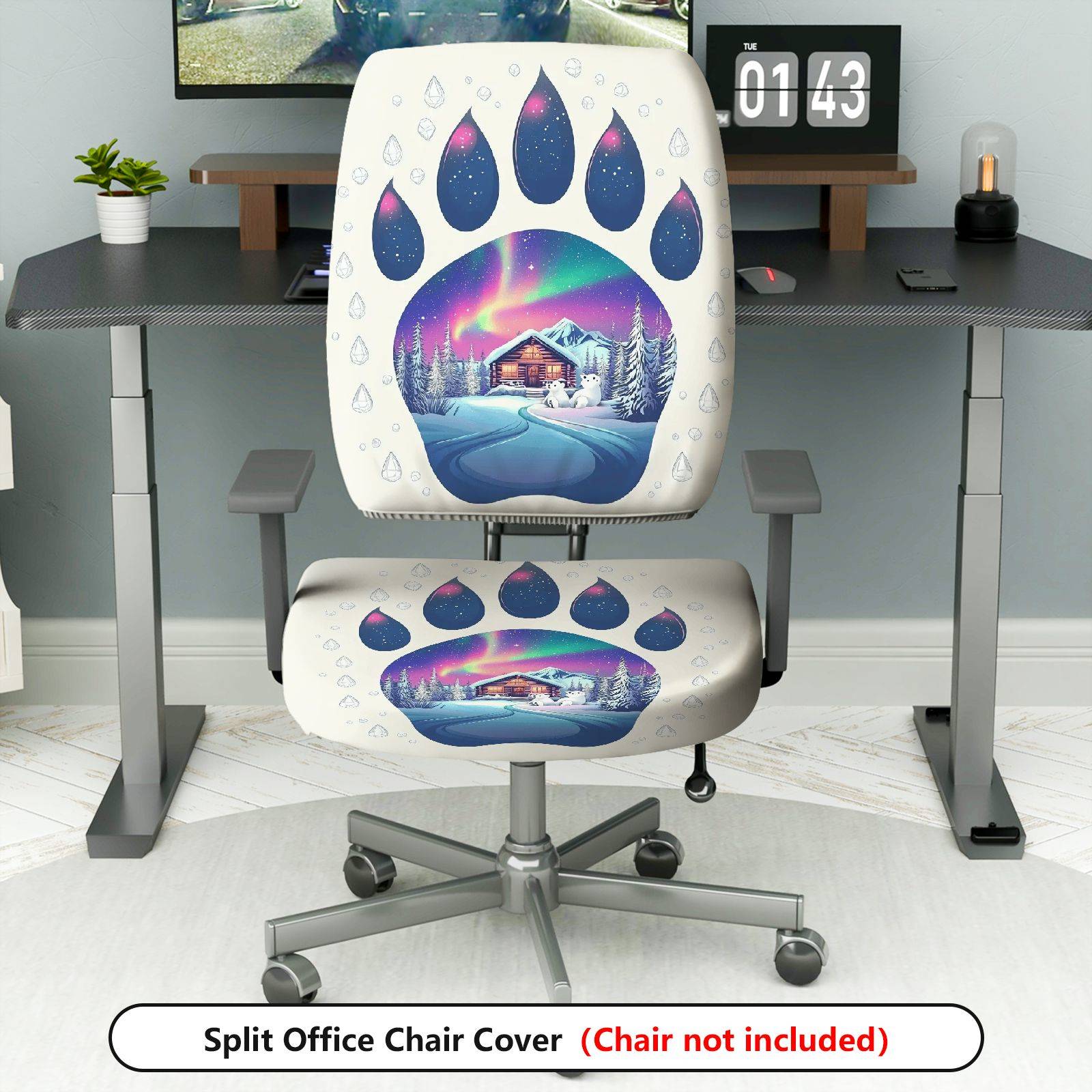 2-Piece Aurora Winter Cabin Snowflake Paw  Computer Chair Cover Set, Seat and Backrest