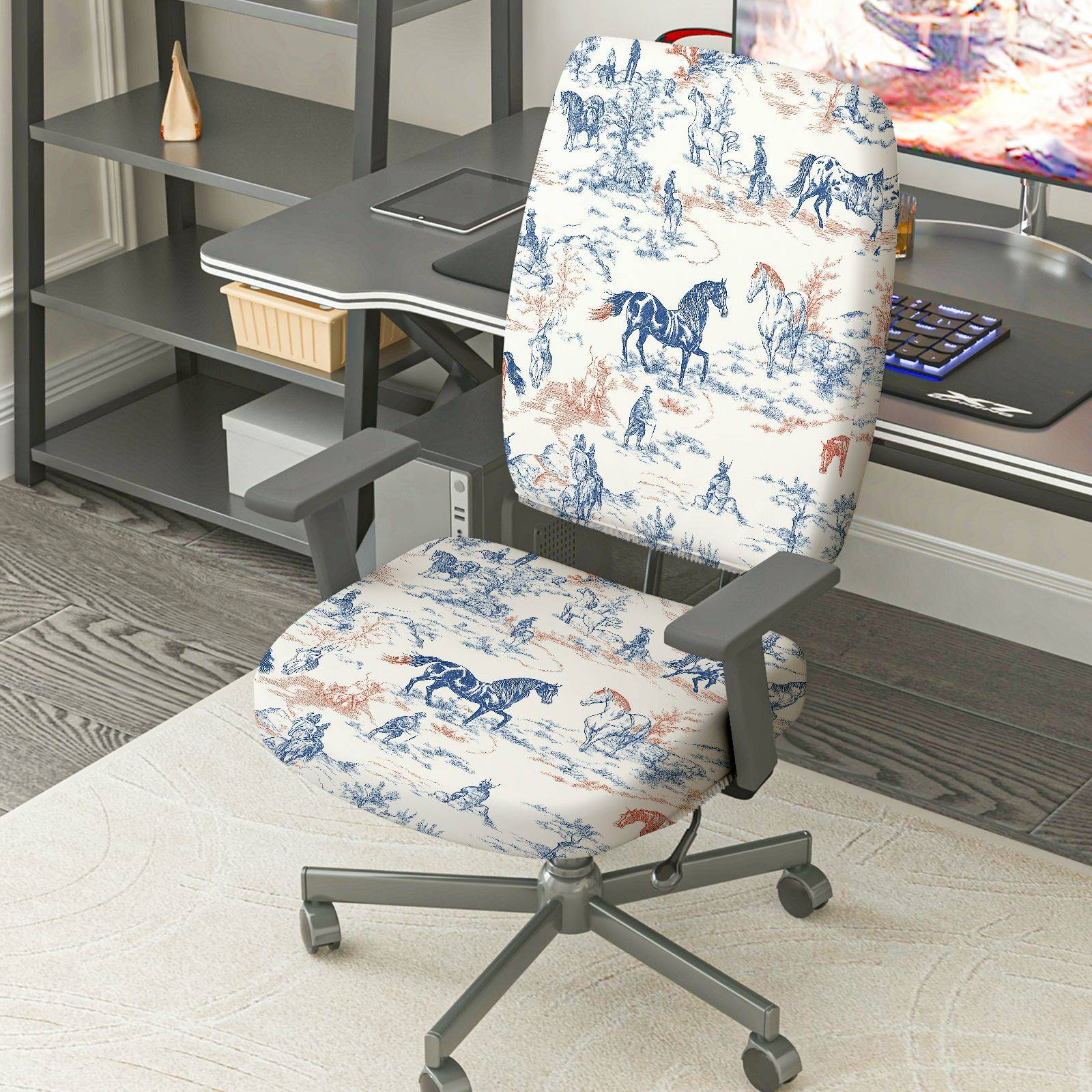 2-Piece horse pattern pastoral countryside scenery animal riding  Computer Chair Cover Set, Seat and Backrest