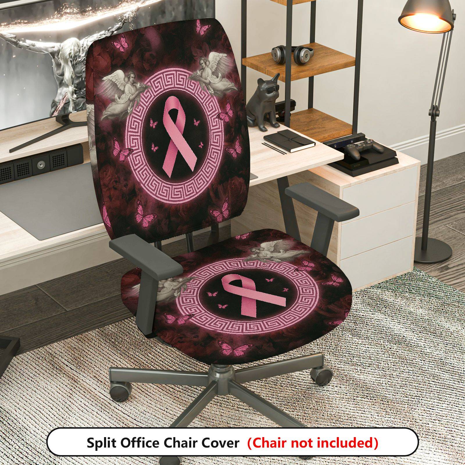 2-Piece Angel Butterfly Ribbon Pattern Pink  Computer Chair Cover Set, Seat and Backrest