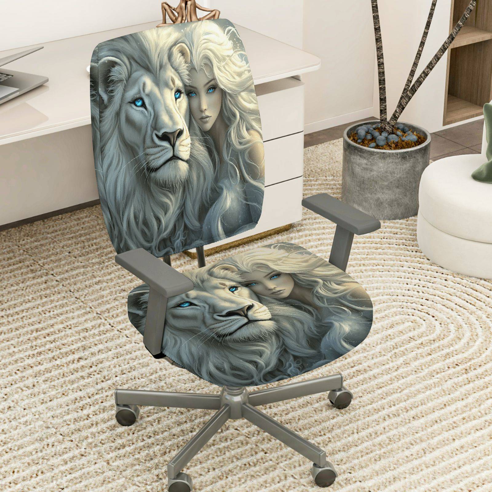 2-Piece Lion Animal Art  Computer Chair Cover Set, Seat and Backrest