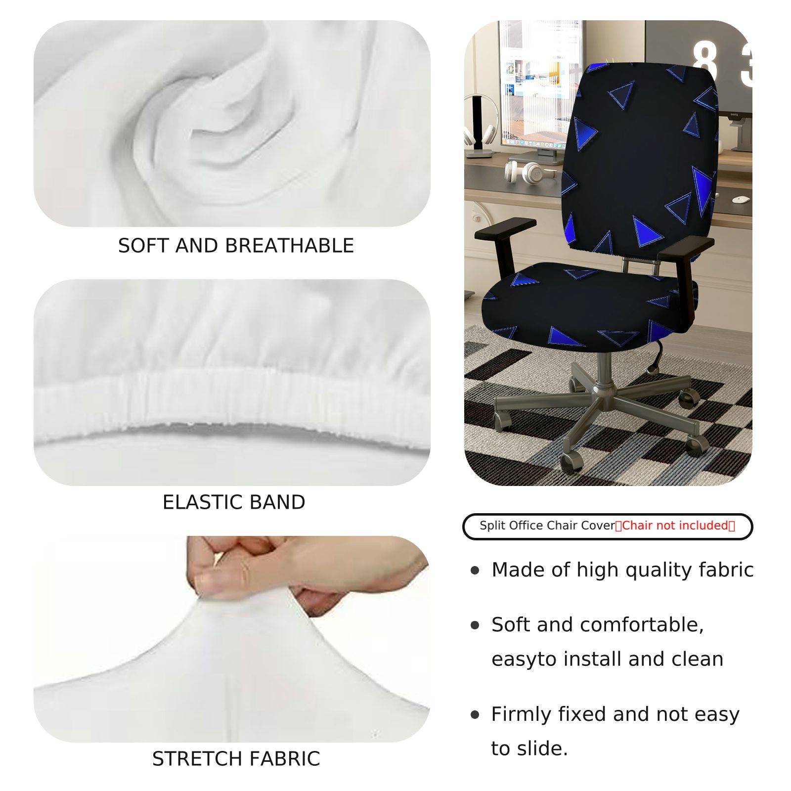 2-Piece Geometric Triangle Blue Black Modern Stylish  Computer Chair Cover Set, Seat and Backrest