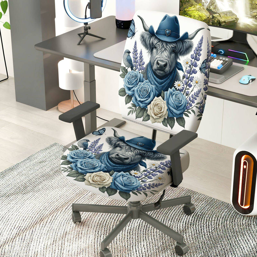 2-Piece Cowboy Blue Floral Animal Farm  Computer Chair Cover Set, Seat and Backrest