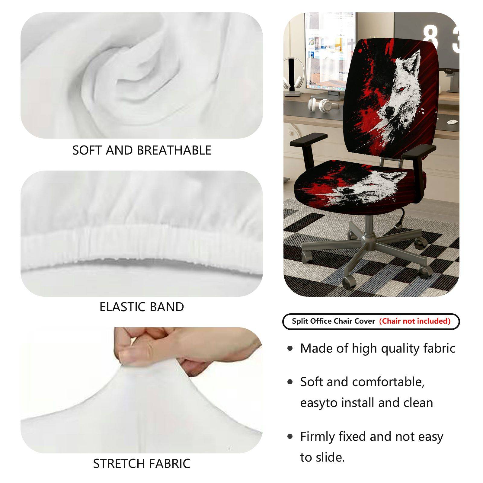 2-Piece Wolf Red Black Animal Art Stylish  Computer Chair Cover Set, Seat and Backrest