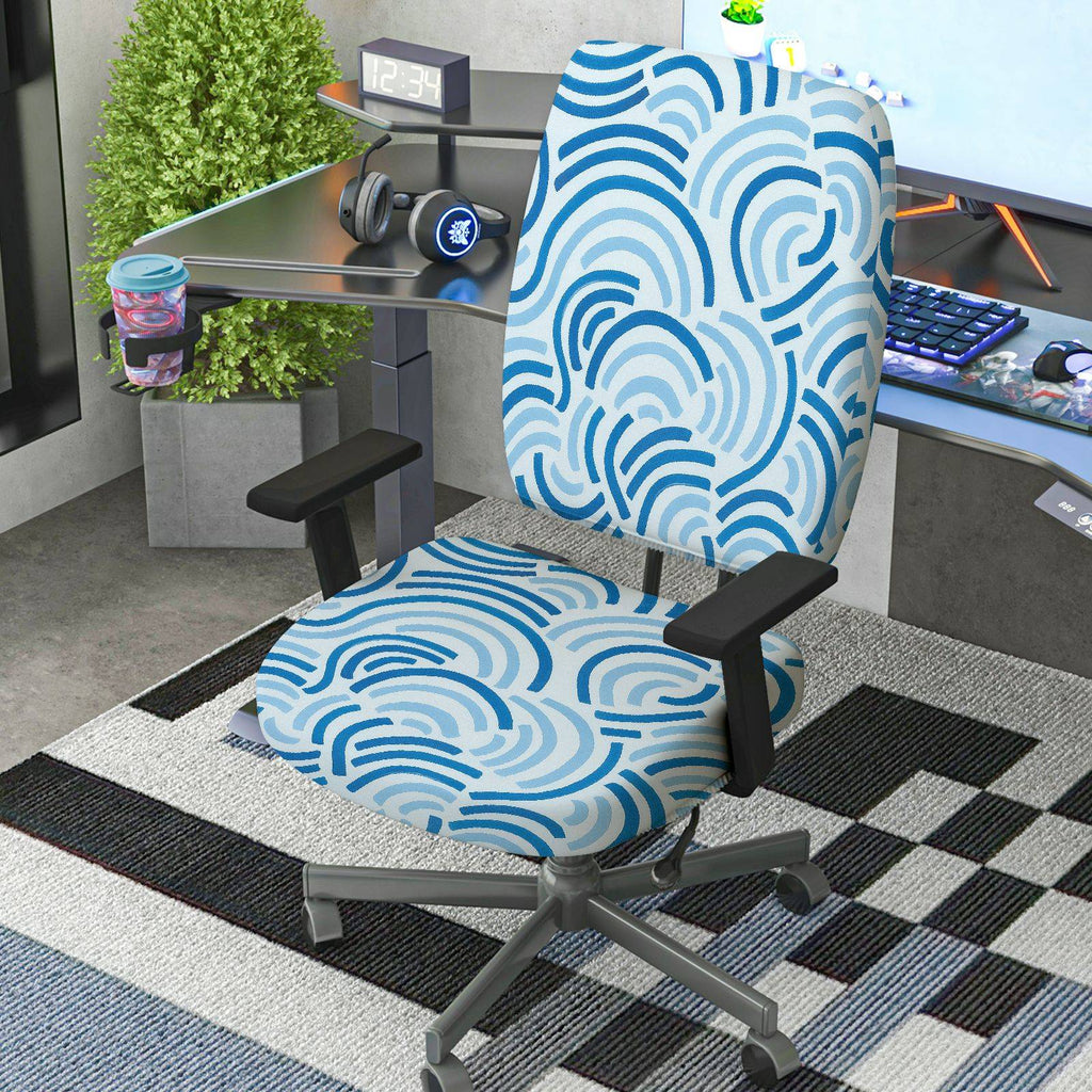 2-Piece Abstract Geometric Blue Wave Pattern  Computer Chair Cover Set, Seat and Backrest