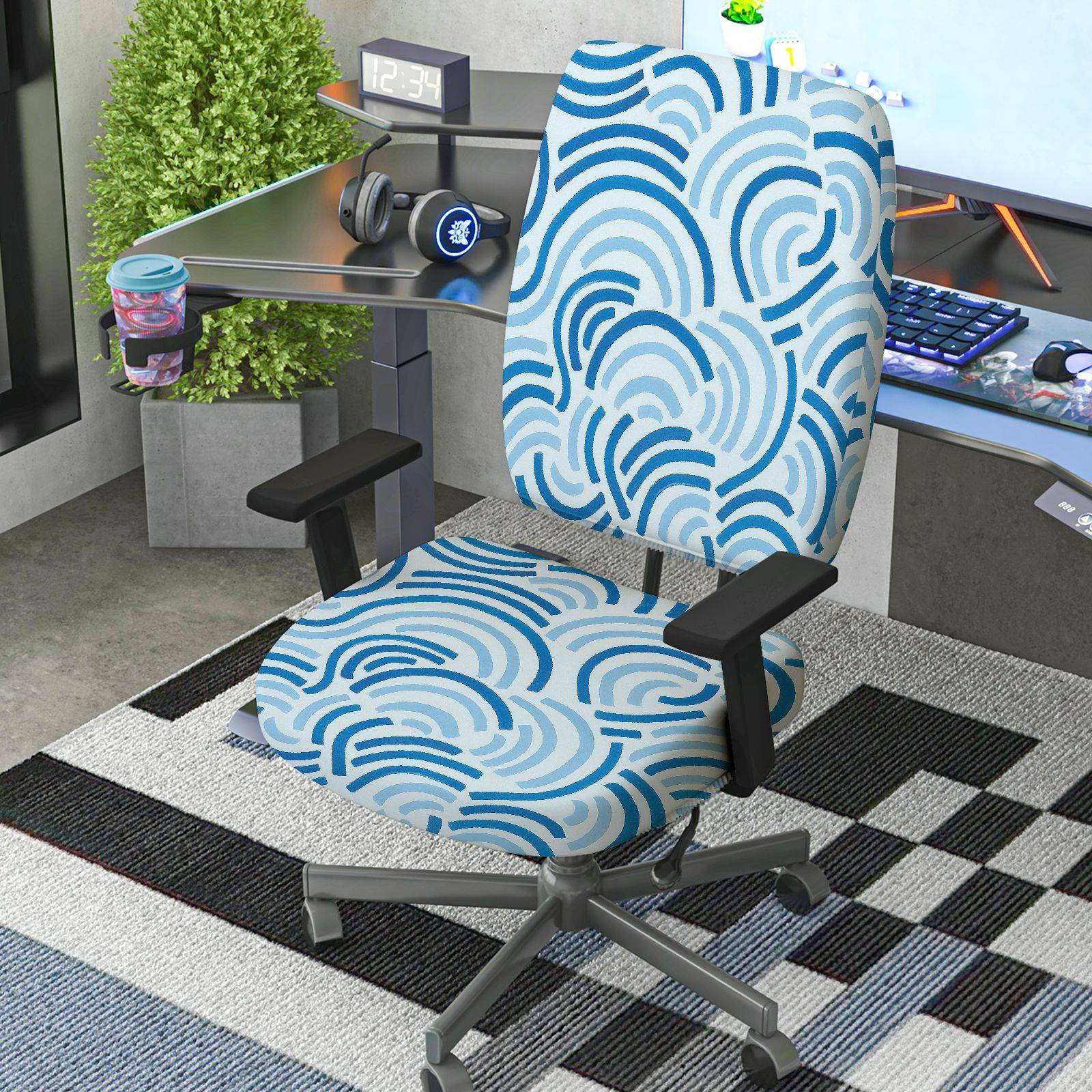 2-Piece Abstract Geometric Blue Wave Pattern  Computer Chair Cover Set, Seat and Backrest