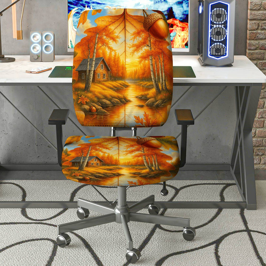 2-Piece Autumn Scenic Cottage Forest River Rustic  Computer Chair Cover Set, Seat and Backrest