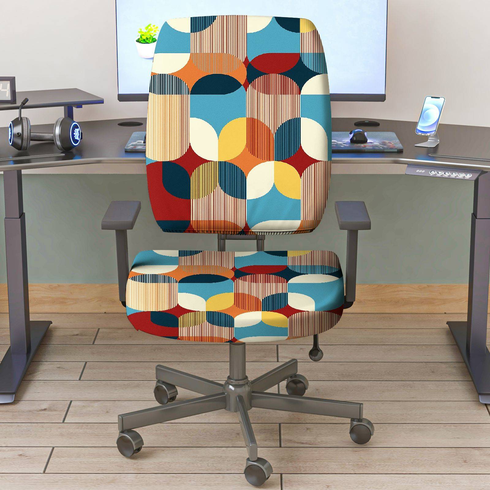 2-Piece Modern Colorful Geometric Pattern  Computer Chair Cover Set, Seat and Backrest