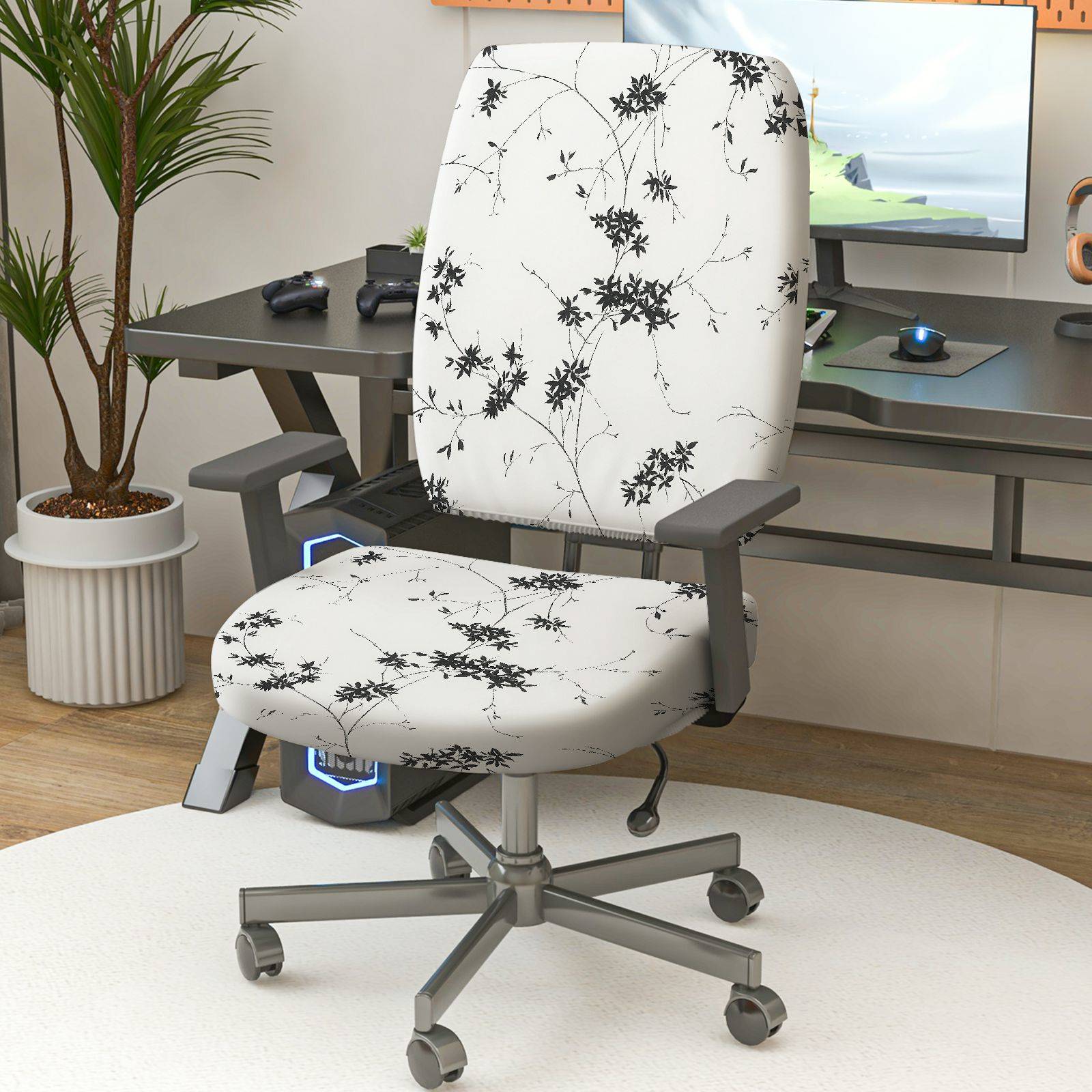 2-Piece Black Floral Printed Modern Elegant Decorative  Computer Chair Cover Set, Seat and Backrest