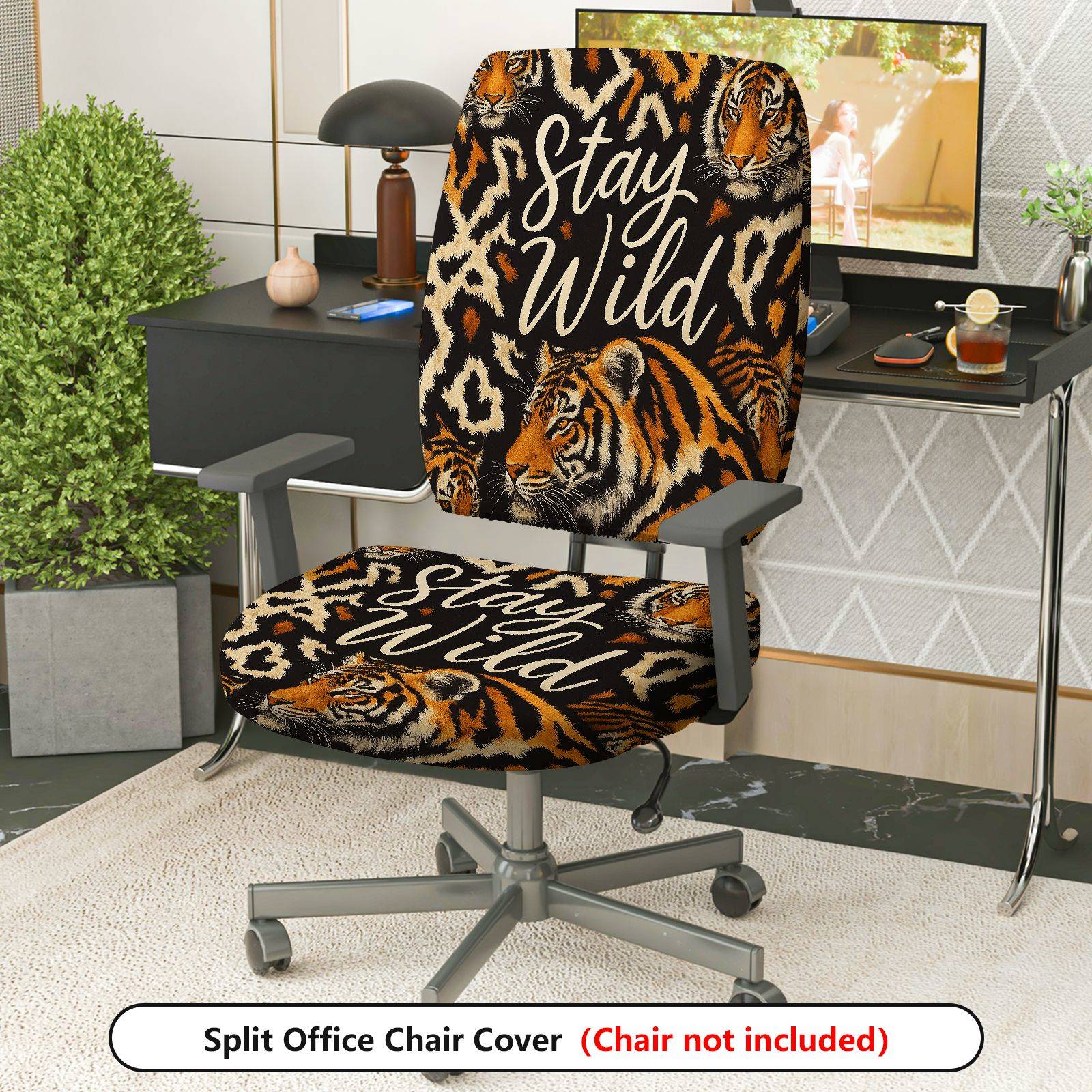 2-Piece Animal Tiger Stay Wild Nature Wildlife  Computer Chair Cover Set, Seat and Backrest