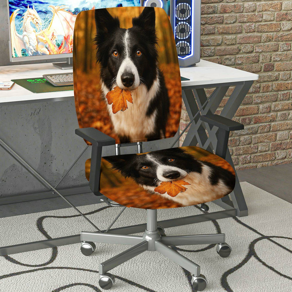 2-Piece Autumn Dog Leaf Nature Cozy  Computer Chair Cover Set, Seat and Backrest