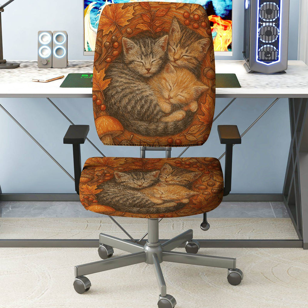 2-Piece Autumn Cats Leaves Pumpkins Acorns  Computer Chair Cover Set, Seat and Backrest