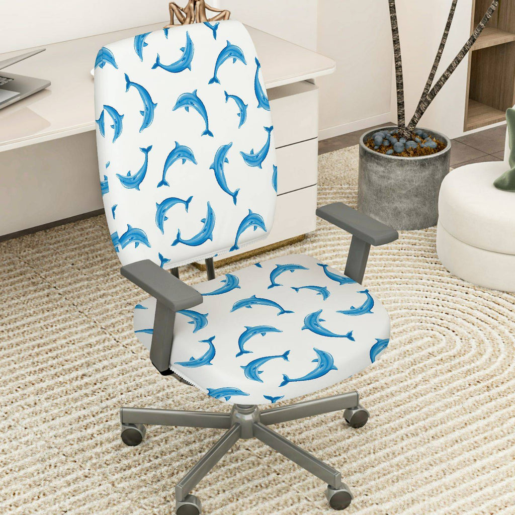 2-Piece Blue Dolphin Ocean Marine Cute Animal  Computer Chair Cover Set, Seat and Backrest