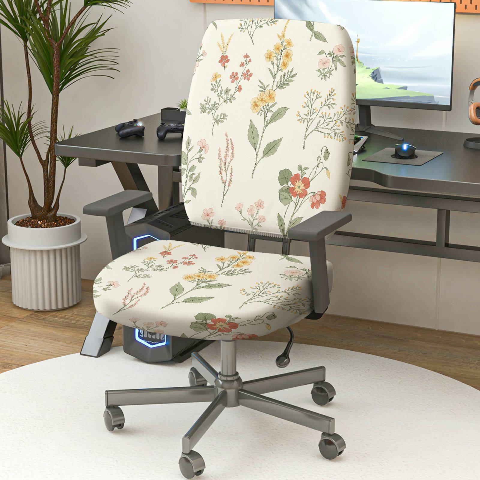 2-Piece Floral Pattern Nature Inspired Decorative Colorful  Computer Chair Cover Set, Seat and Backrest