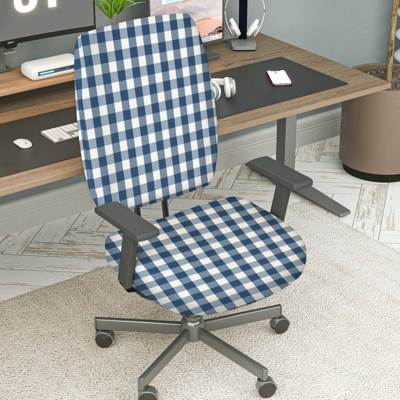 2-Piece Blue Checkered Pattern Stretch  Computer Chair Cover Set, Seat and Backrest