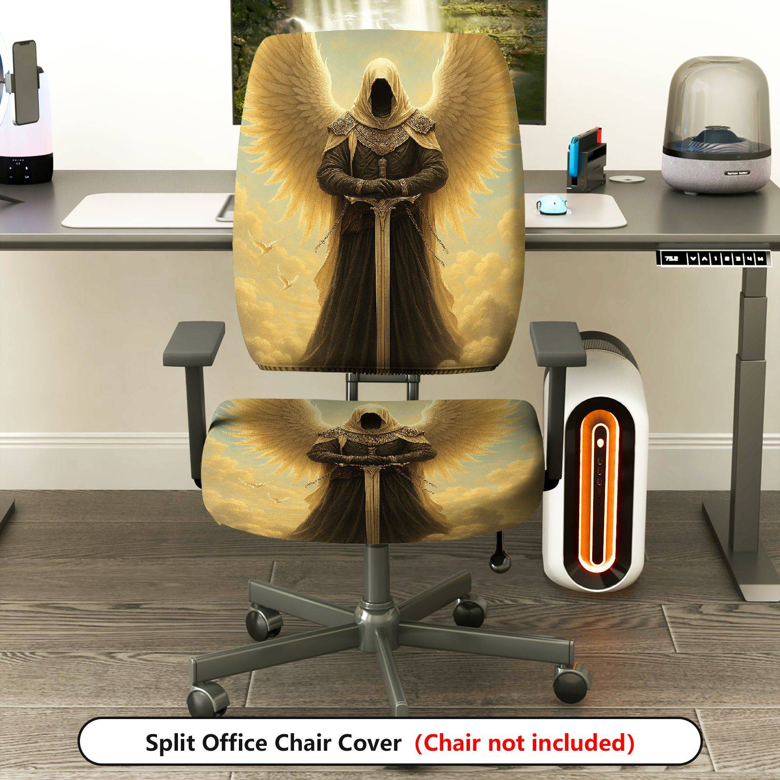 2-Piece Angel Warrior Wings Sword Fantasy Gothic  Computer Chair Cover Set, Seat and Backrest