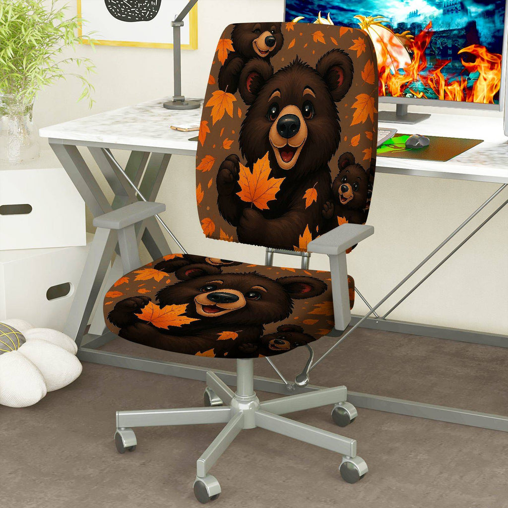 2-Piece Autumn Bear Warm Cozy Fun  Computer Chair Cover Set, Seat and Backrest