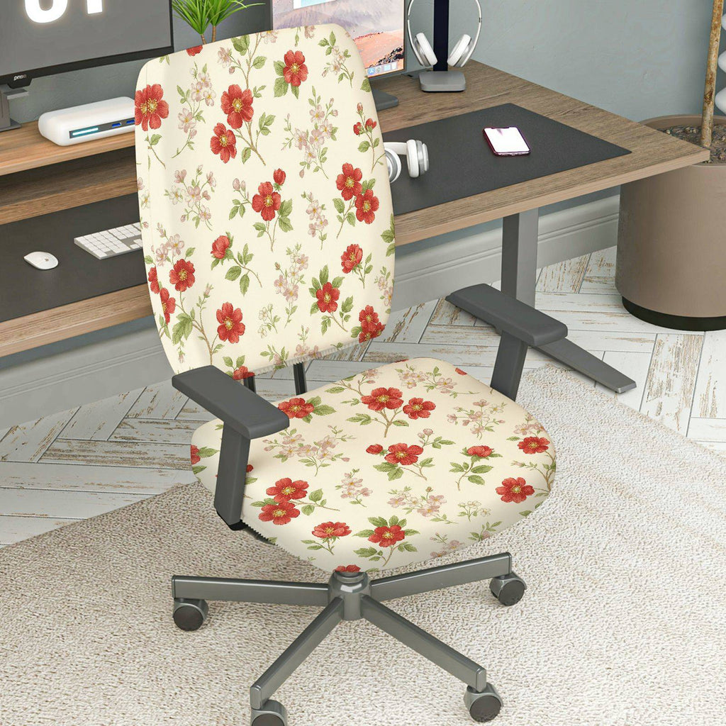 2-Piece Floral Pattern Red Flower  Computer Chair Cover Set, Seat and Backrest