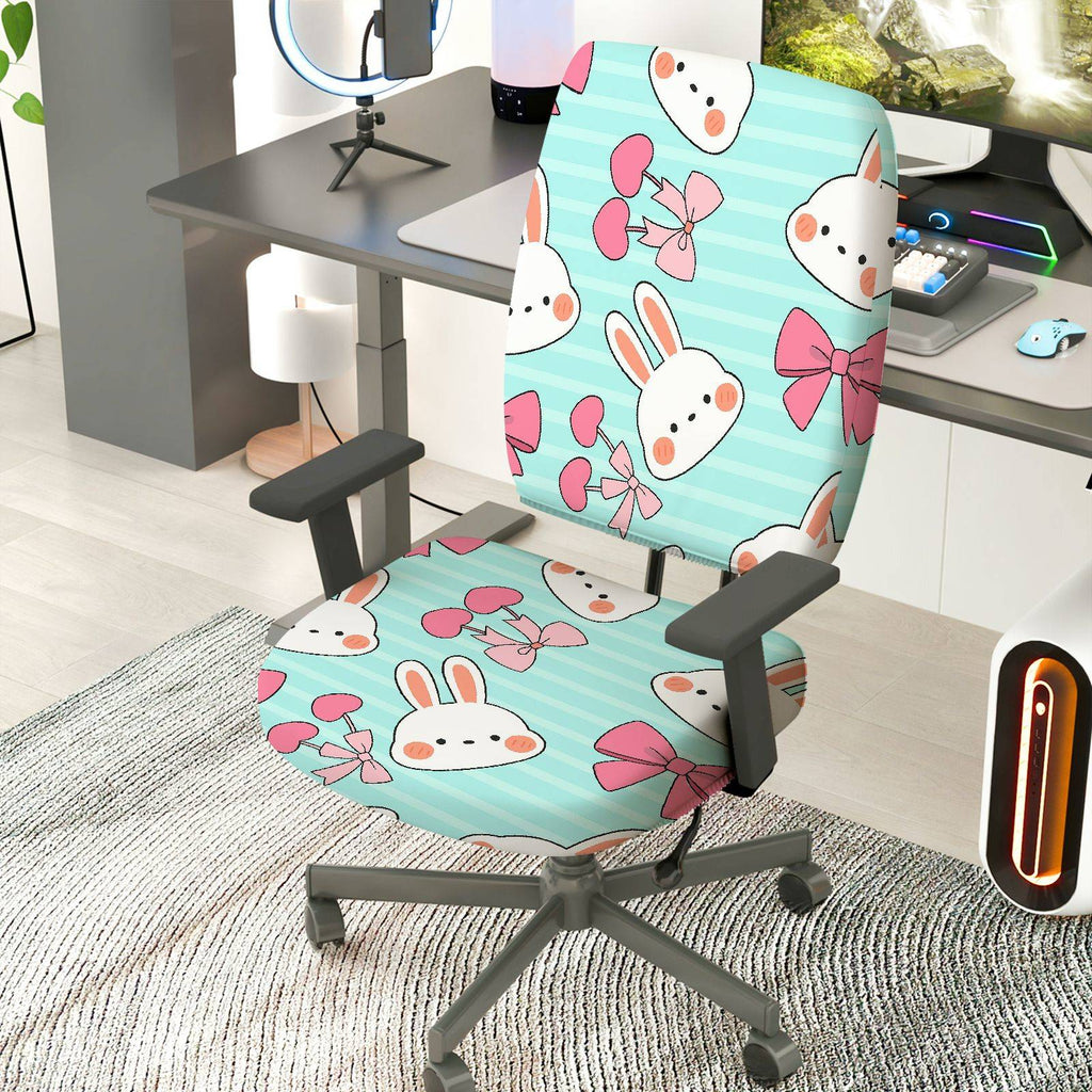 2-Piece Adorable Rabbit Pink Bow Heart Striped  Computer Chair Cover Set, Seat and Backrest