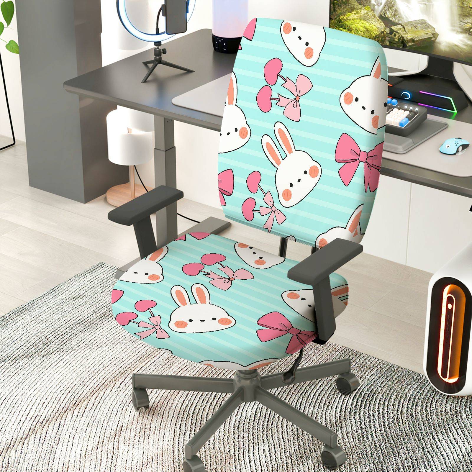 2-Piece Adorable Rabbit Pink Bow Heart Striped  Computer Chair Cover Set, Seat and Backrest