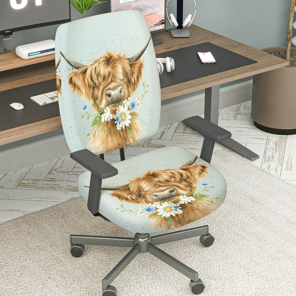 2-Piece Cute Animal Highland Cow Floral Printed Pastoral Style  Computer Chair Cover Set, Seat and Backrest