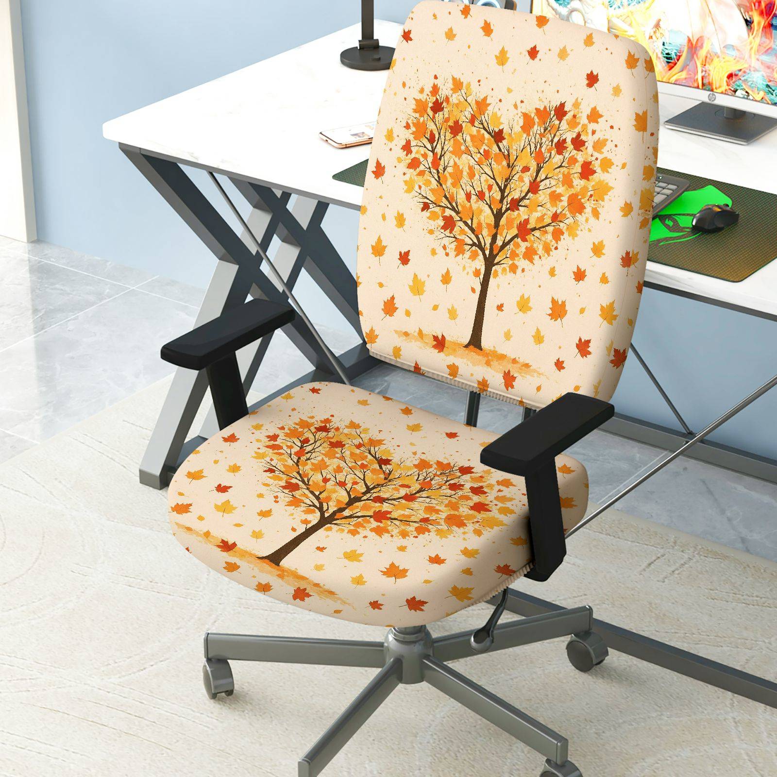 2-Piece Autumn Tree Leaves Pattern Seasonal Thanksgiving  Computer Chair Cover Set, Seat and Backrest