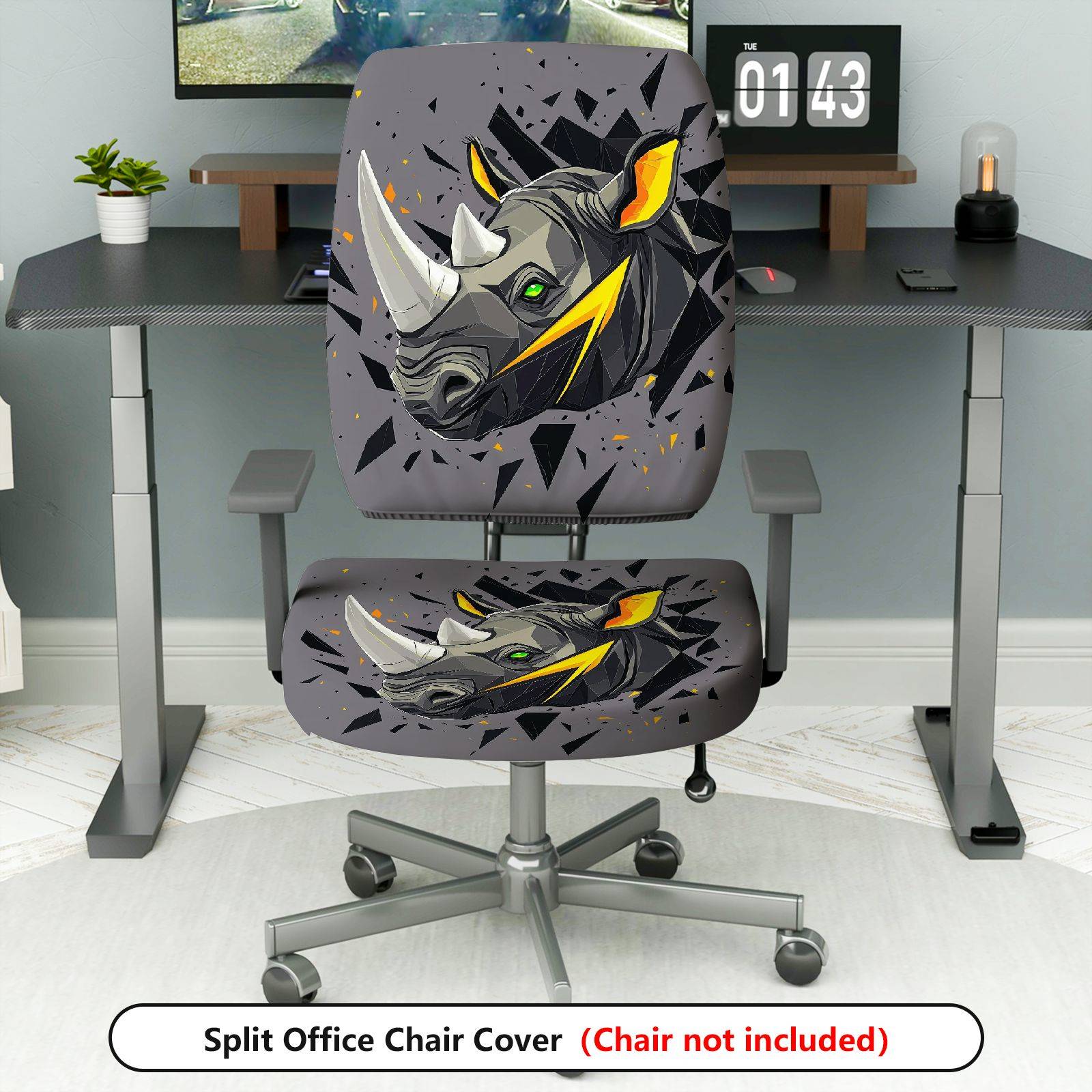 2-Piece Geometric Rhino Gray Artistic Stylish  Computer Chair Cover Set, Seat and Backrest