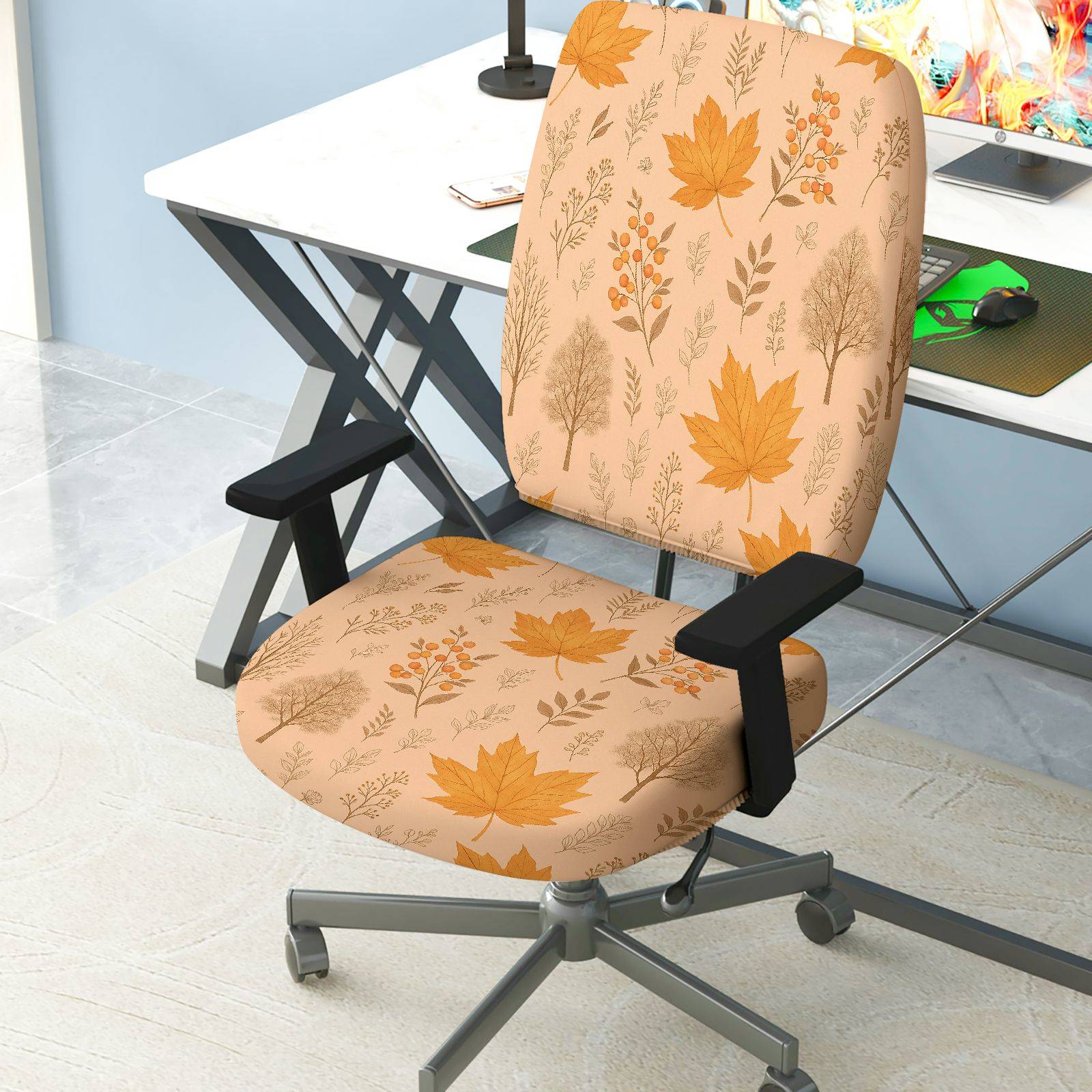 2-Piece Autumn Leaves Floral Nature Pattern  Computer Chair Cover Set, Seat and Backrest