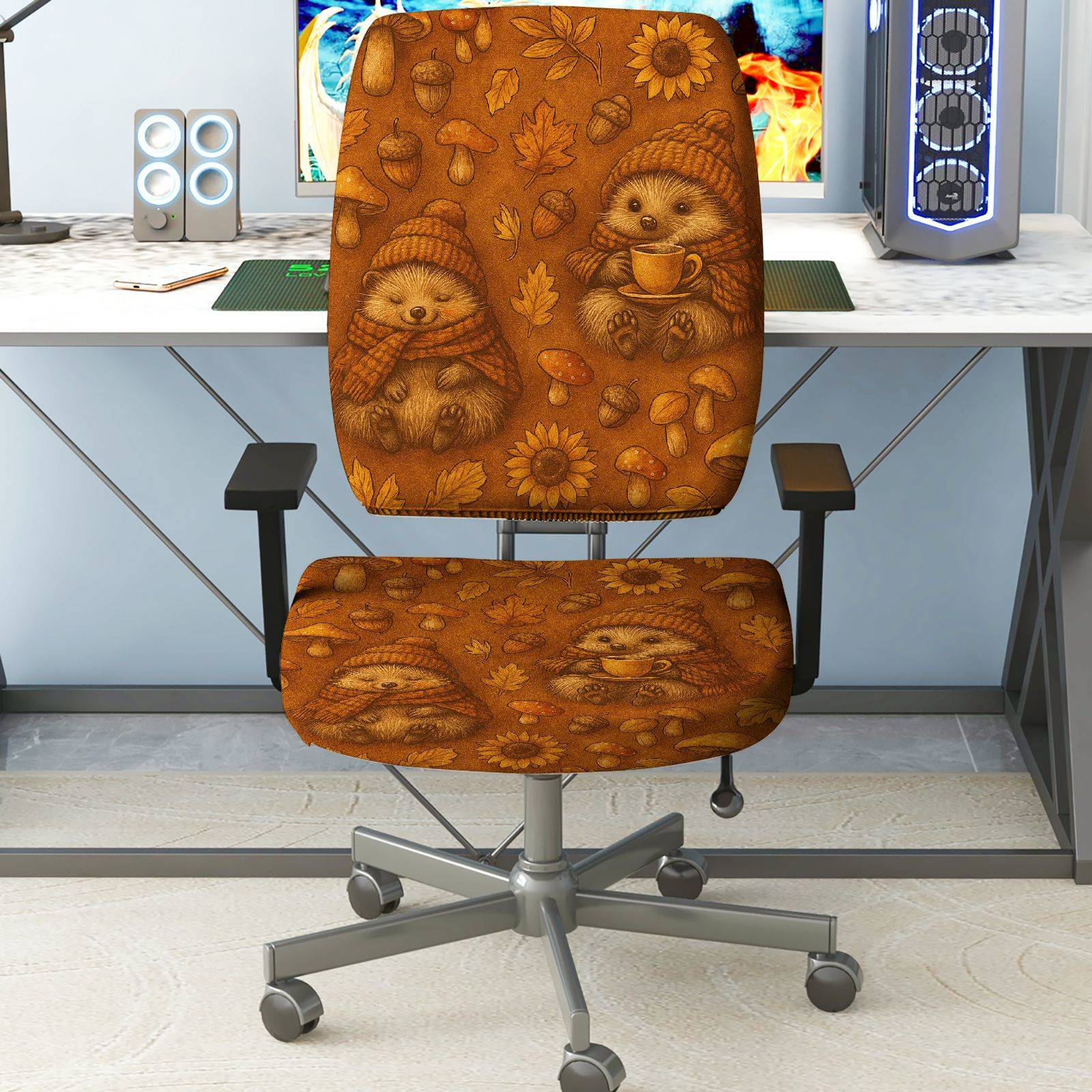 2-Piece Autumn Hedgehog Sunflower Leaf Mushroom  Computer Chair Cover Set, Seat and Backrest
