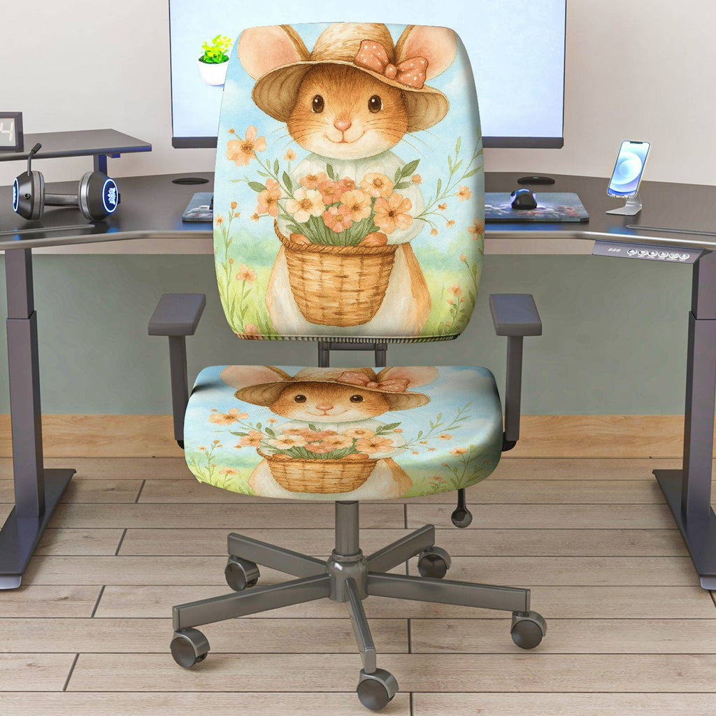 2-Piece Cute Floral Rabbit Pastoral Animal  Computer Chair Cover Set, Seat and Backrest