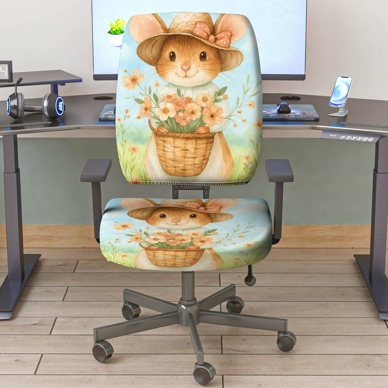 2-Piece Cute Floral Rabbit Pastoral Animal  Computer Chair Cover Set, Seat and Backrest
