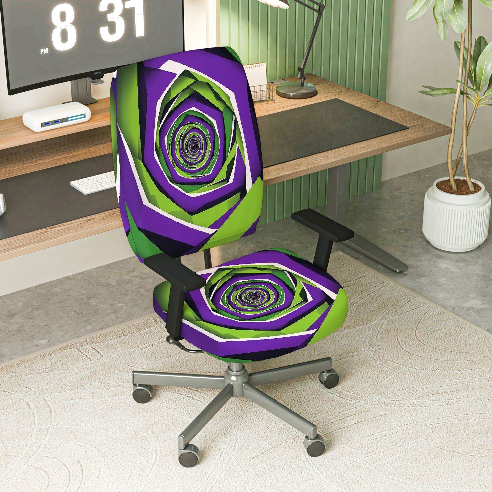 2-Piece Geometric Spiral Vortex Purple Green Creative Pattern  Computer Chair Cover Set, Seat and Backrest