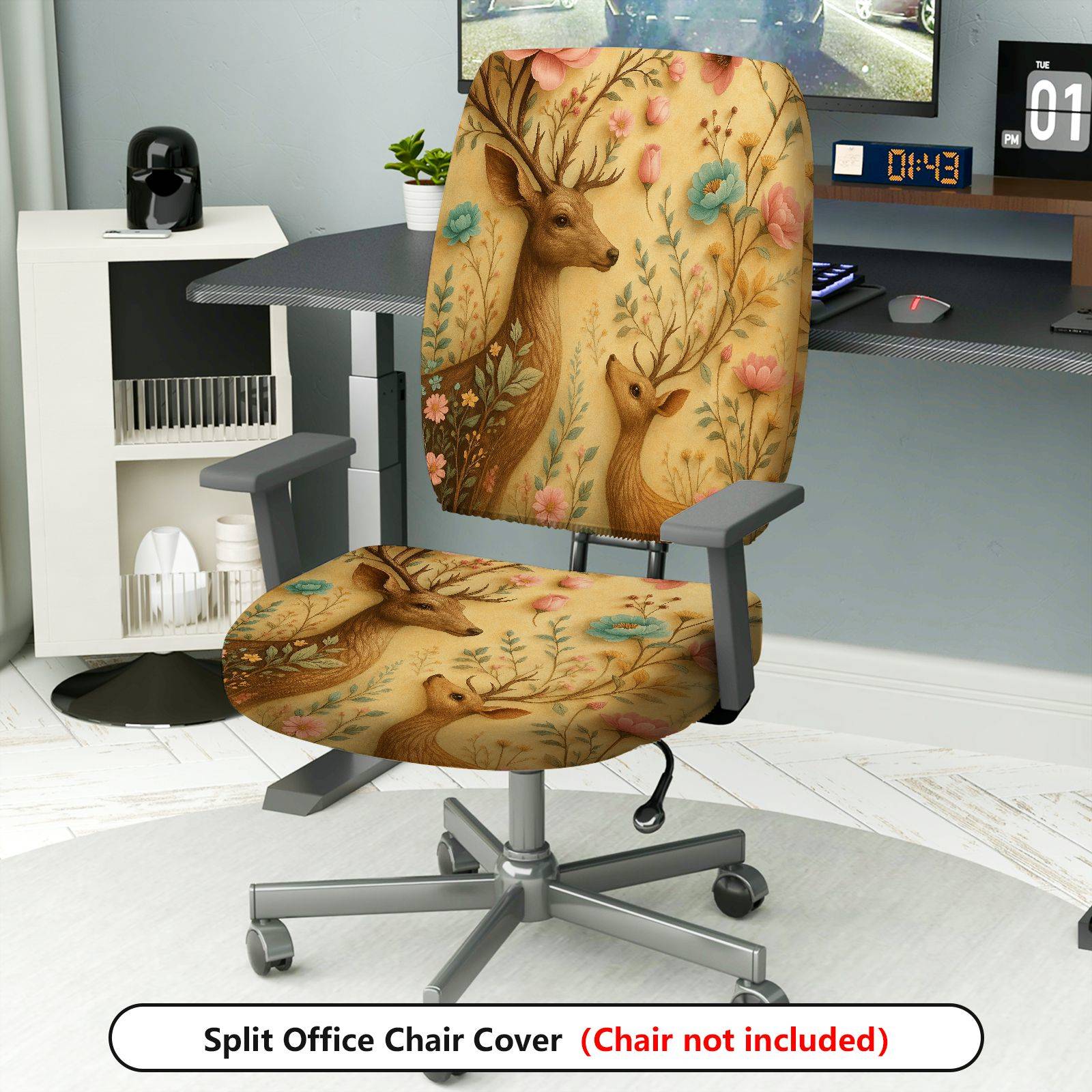 2-Piece Animal Floral Pattern Nature Deer Colorful  Computer Chair Cover Set, Seat and Backrest