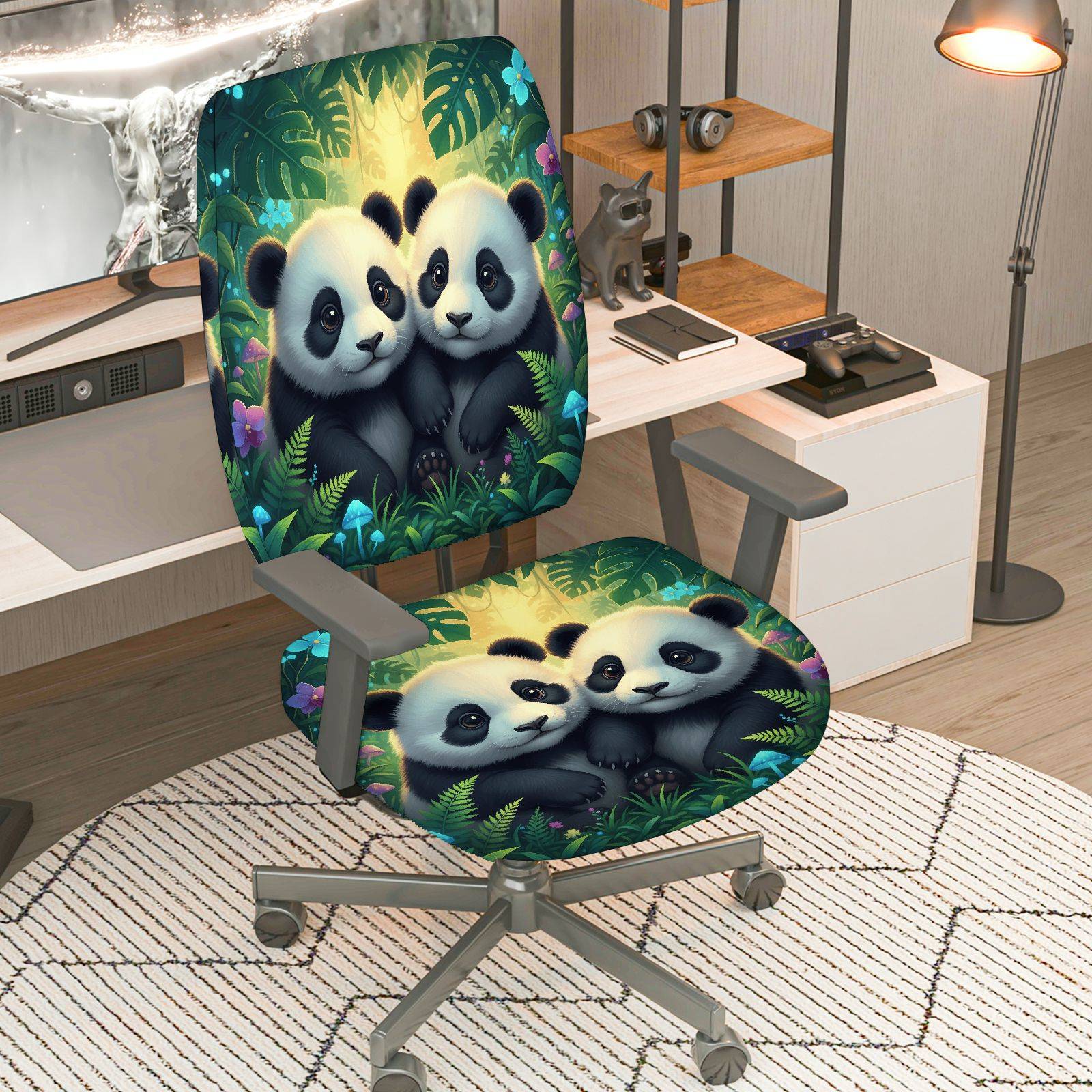 2-Piece Panda Green Jungle Nature Floral Animal  Computer Chair Cover Set, Seat and Backrest