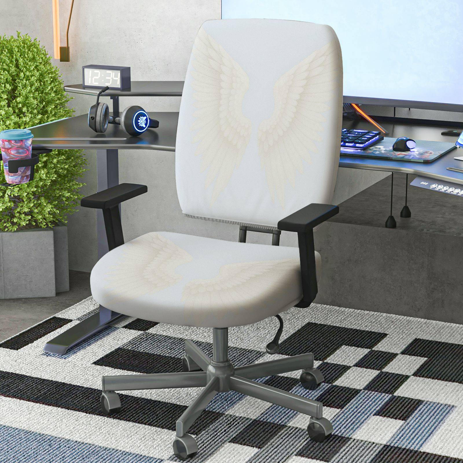 2-Piece Angel Wing Pattern White Elegant Decorative Stylish  Computer Chair Cover Set, Seat and Backrest