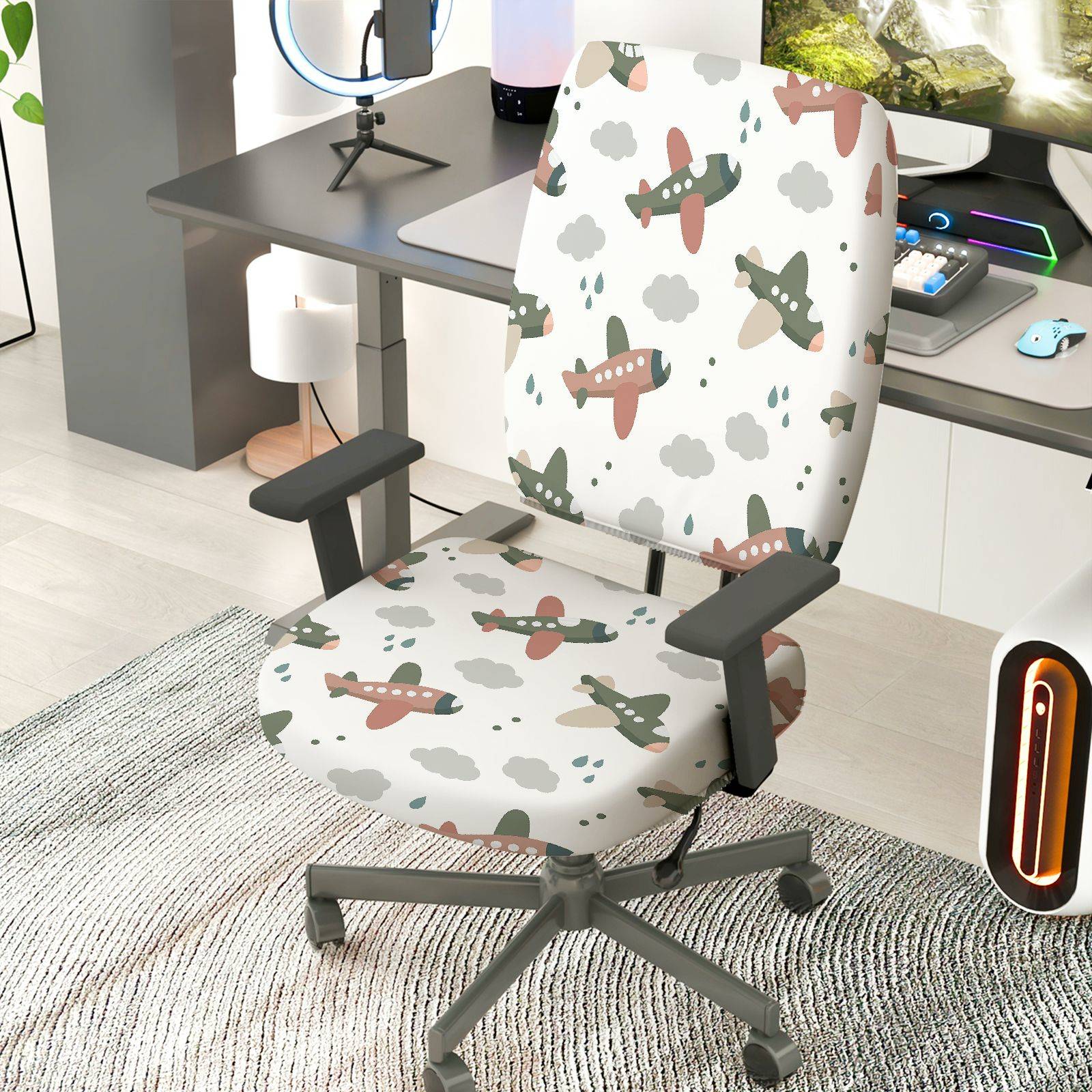 2-Piece Airplane Cloud Rain Sky Fun  Computer Chair Cover Set, Seat and Backrest