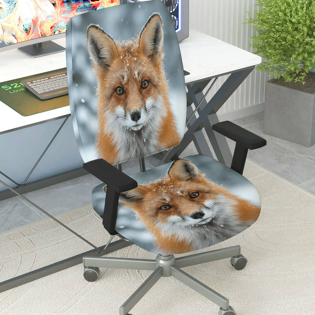 2-Piece Animal Nature Fox Snow Winter  Computer Chair Cover Set, Seat and Backrest