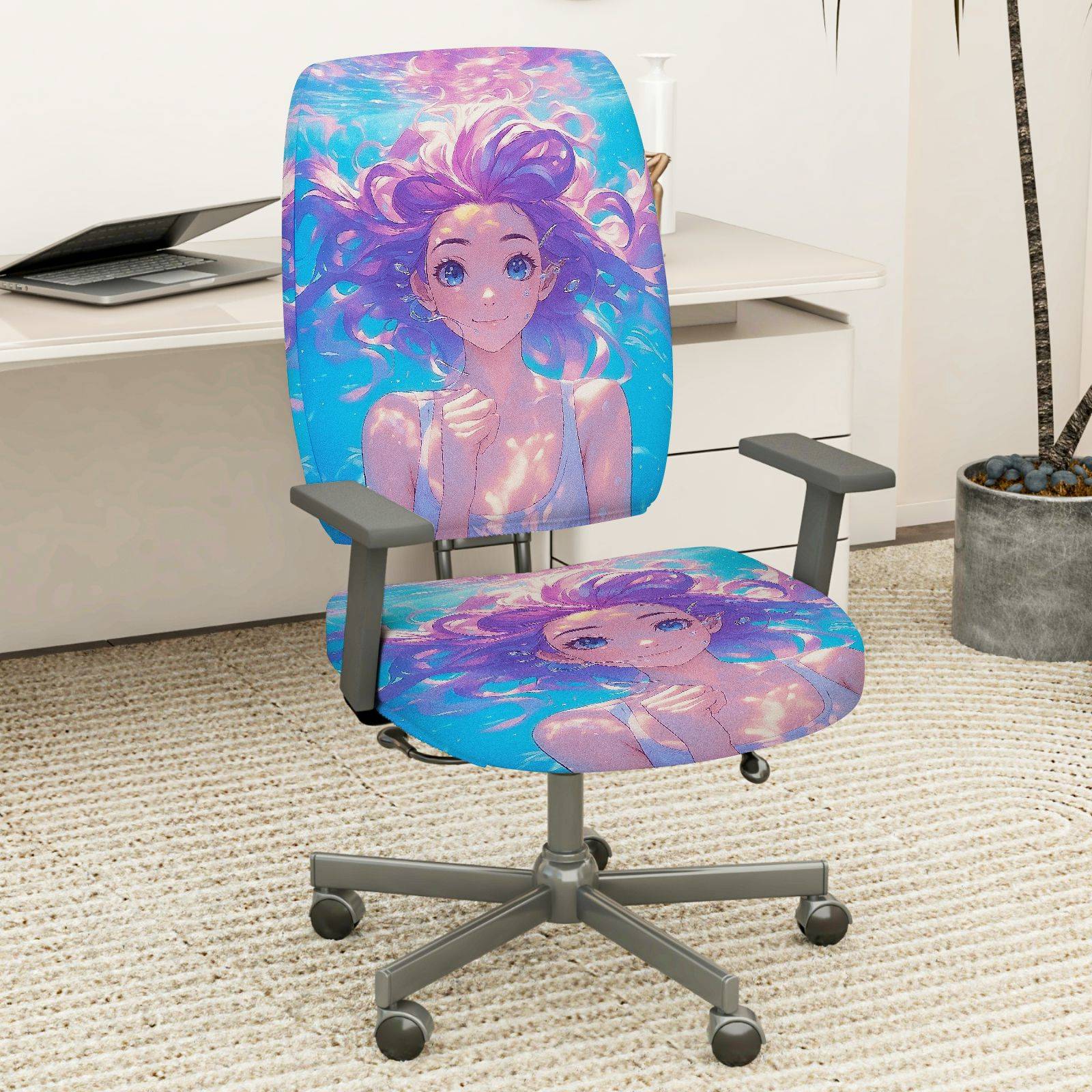 2-Piece Anime Fantasy Girl Colorful Art  Computer Chair Cover Set, Seat and Backrest