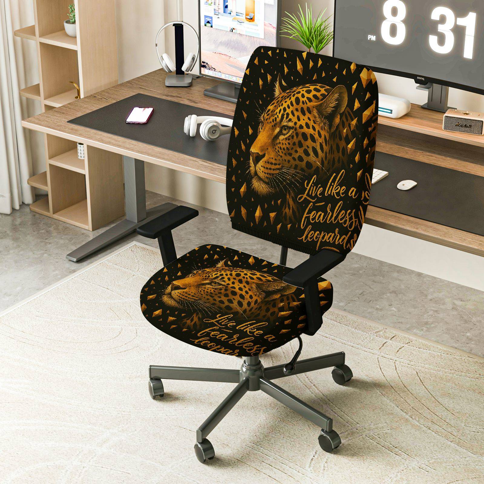 2-Piece Animal Jungle Wild Leopard Fearless Inspirational  Computer Chair Cover Set, Seat and Backrest