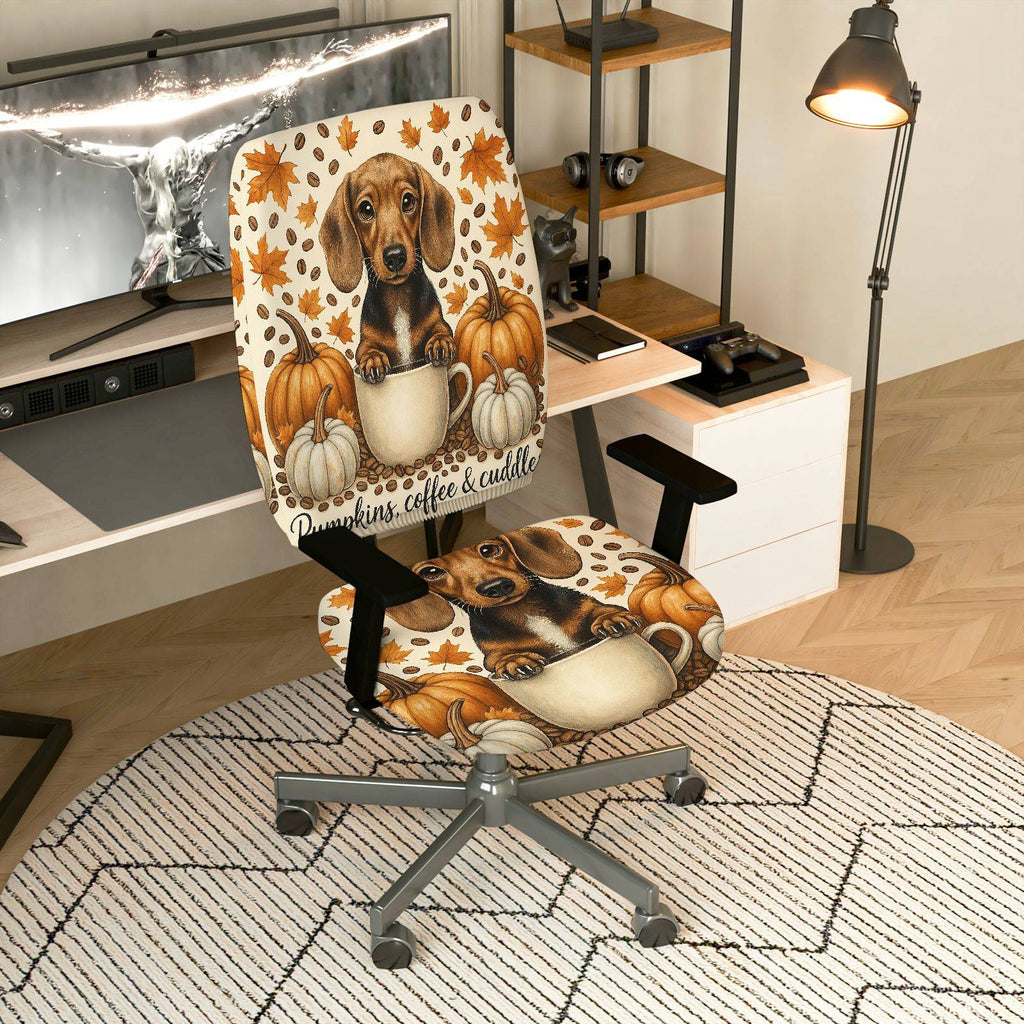 2-Piece Autumn Puppy Pumpkin Leaves Coffee  Computer Chair Cover Set, Seat and Backrest