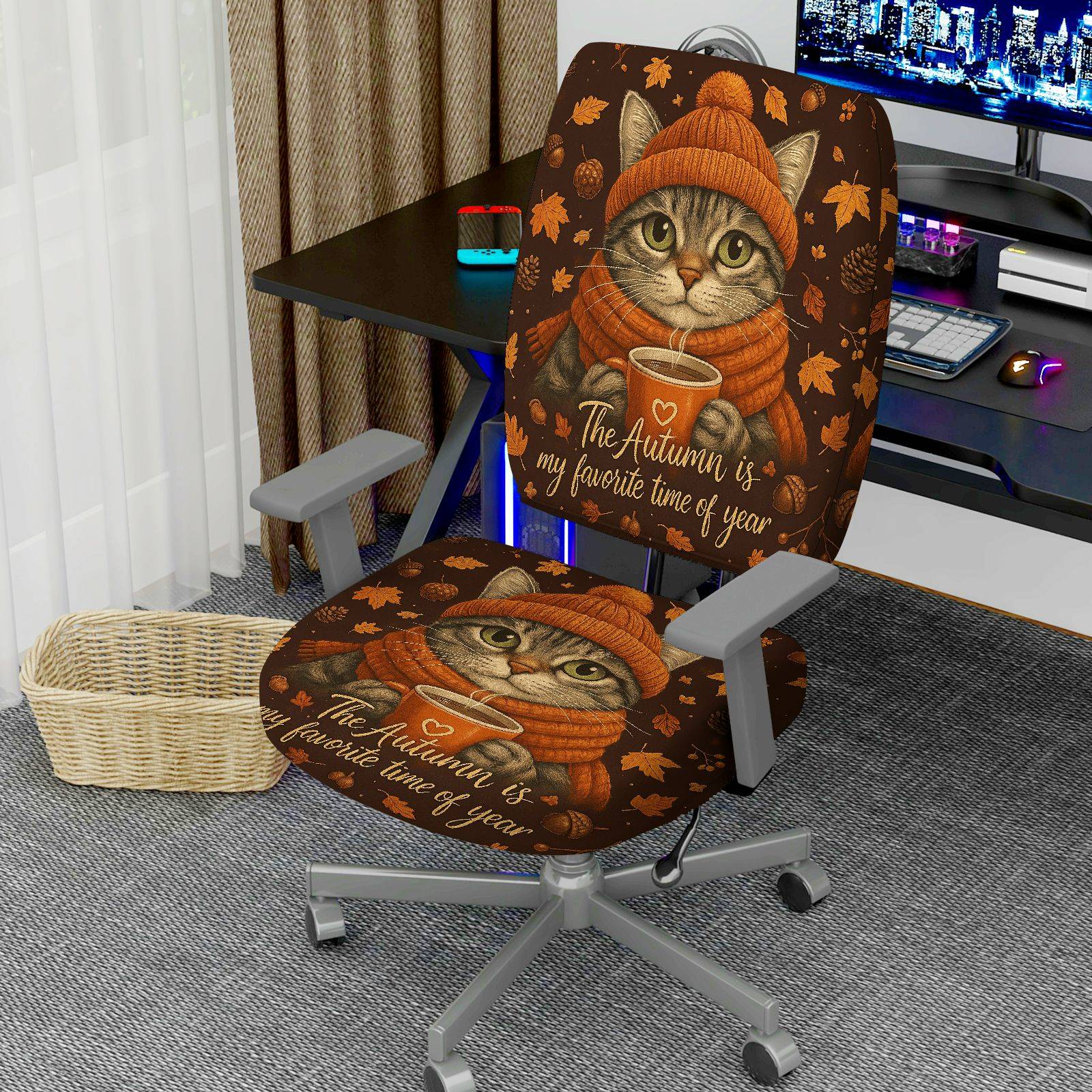 2-Piece Autumn Cat Coffee Leaves Cozy  Computer Chair Cover Set, Seat and Backrest