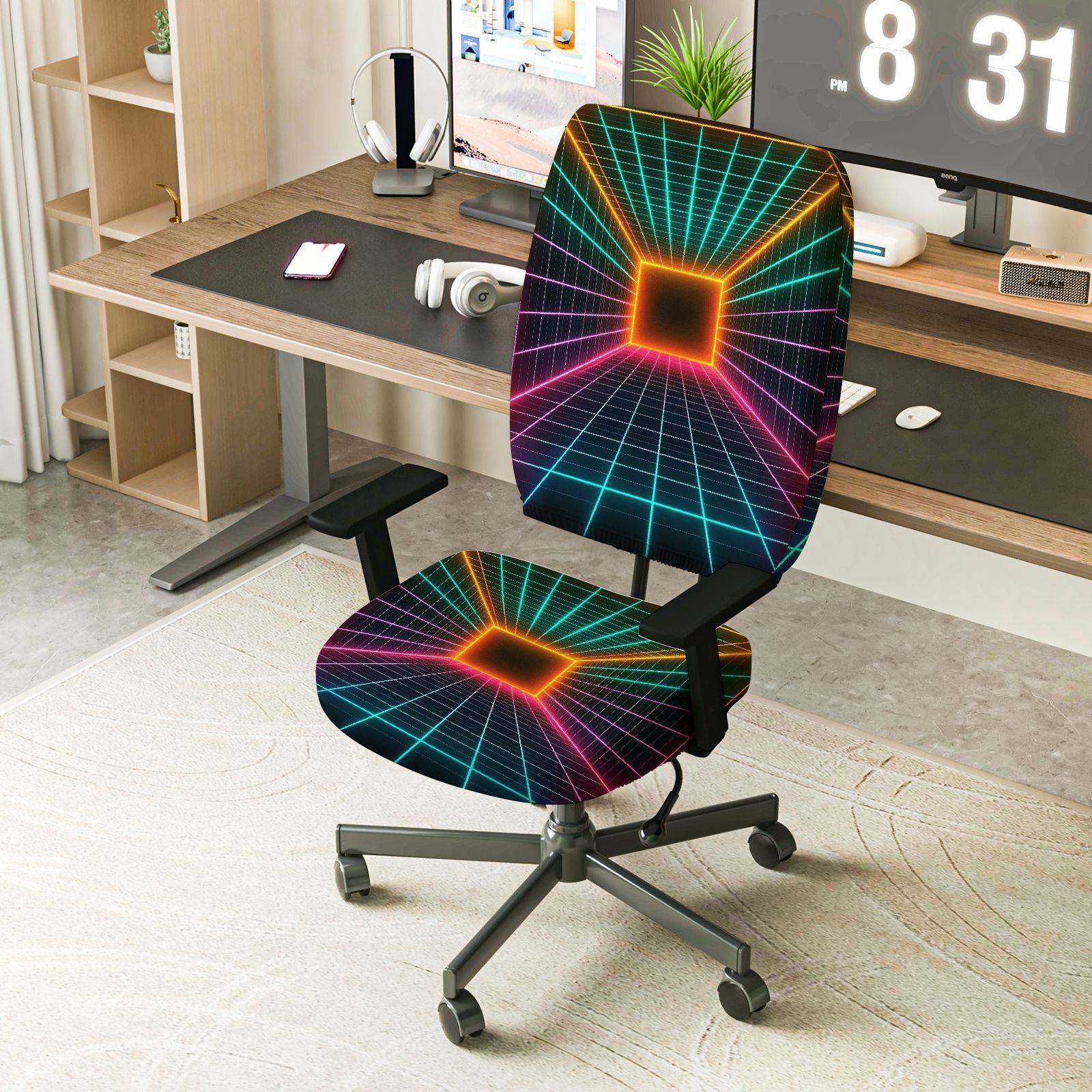 2-Piece Geometric Futuristic Cyberpunk Retro  Computer Chair Cover Set, Seat and Backrest