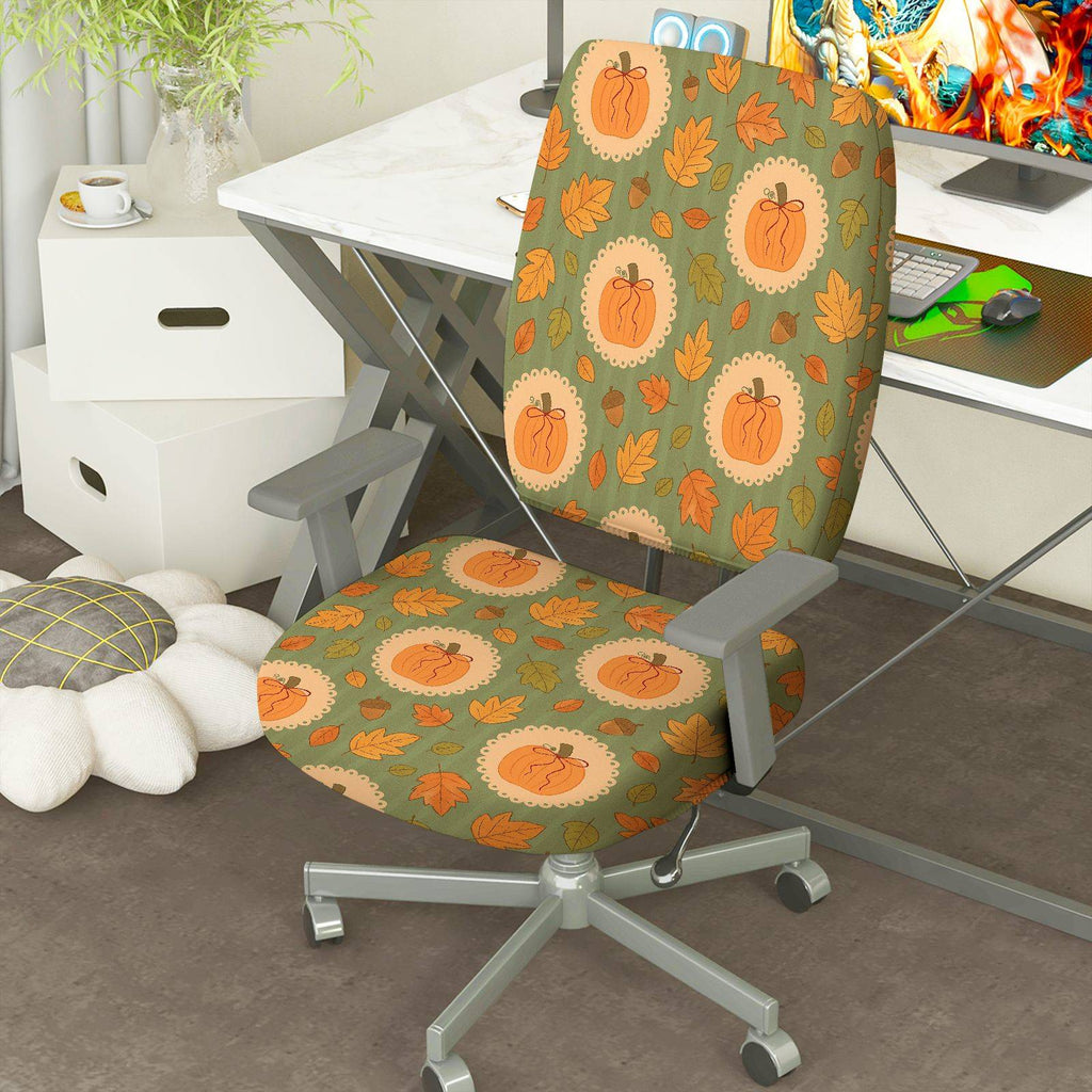 2-Piece Autumn Pumpkin Leaf Pattern Thanksgiving  Computer Chair Cover Set, Seat and Backrest