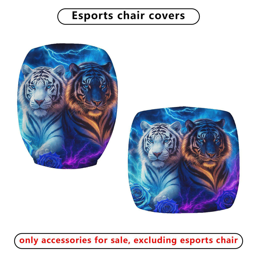 2-Piece Animal Print Tiger Modern Art Lightning Blue Glow  Computer Chair Cover Set, Seat and Backrest